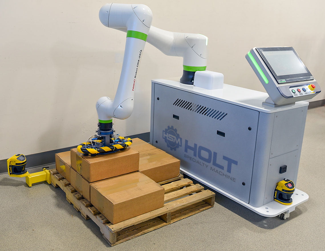 Custom built cobot palletizer by Holt Specialty Machine.